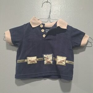 Baby Q Safari Animal Polo Shirt Navy Tan 6-9 Months Vintage‎ Style Giraffe Lion